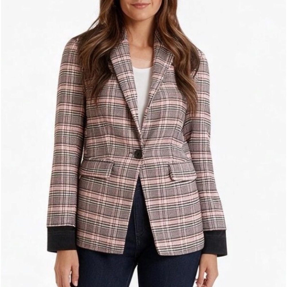 ELLA MOSS Colorblock Blazer Jacket BROWN HOUNDSTOOTH PLAID Black Denim Back SZ S